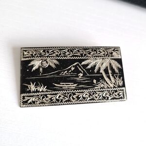 Vintage Sterling Silver Etched Beach Scene Rectangle Brooch